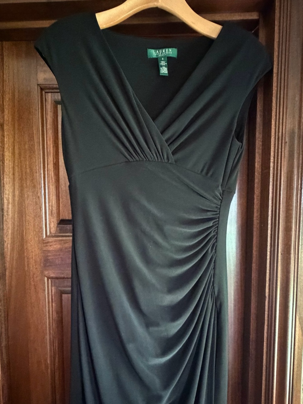 Ralph Lauren Black Faux-Wrap Cap Sleeve Midi Dress